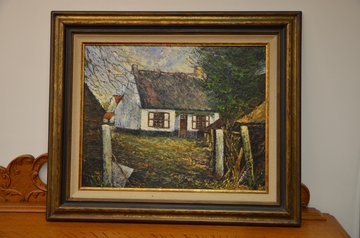 Starožitný obraz – chaloupka na venkově  v podzimní krajině. Olejomalba na plátně. Obraz je v pěkném původním stavu, signováno. 